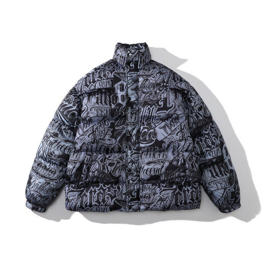 Men's padded winter jacket in black and gray graphic print - front view