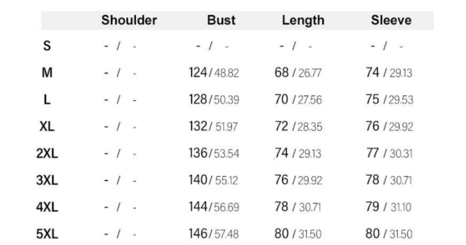 Size chart displaying dimensions for M to 5XL.