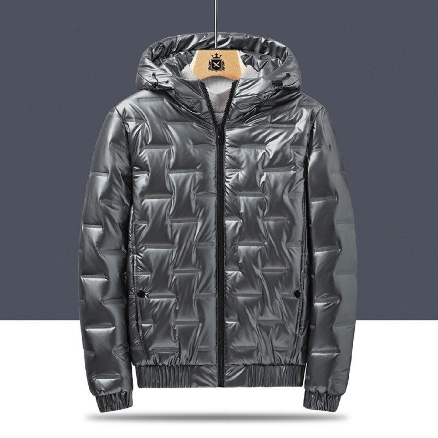 Silver grey hooded jacket on a hanger, front view, with a textured geometric pattern.