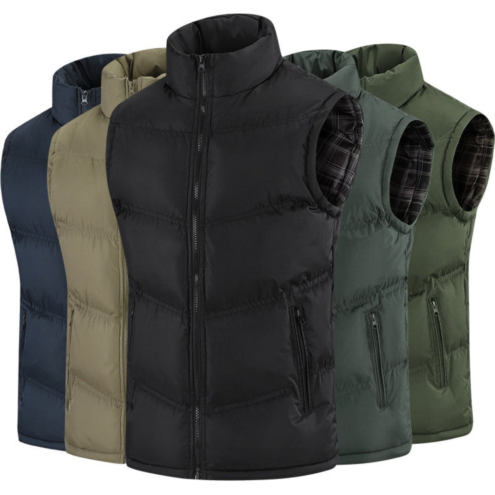 Lineup of men’s stand-up collar sleeveless vests in black, khaki, green, and blue, showing the front view