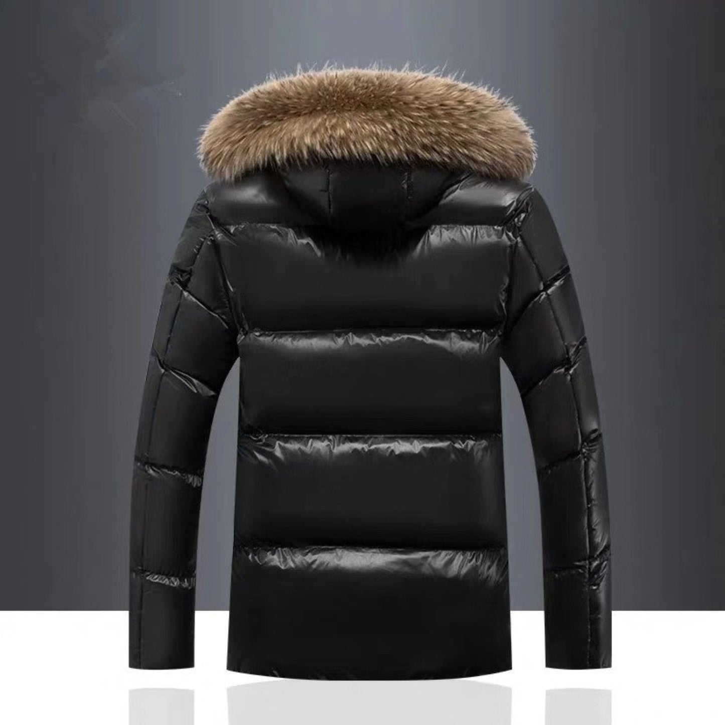 Back View of Men's Hooded Fur Collar Jacket - Black Edition