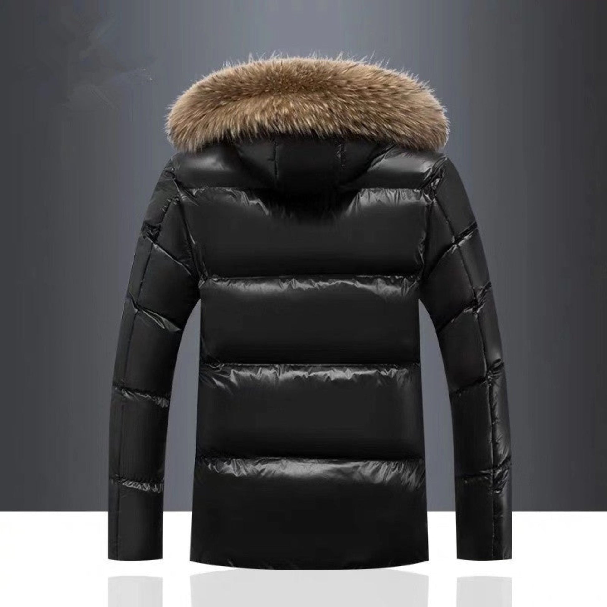 Back View of Men's Hooded Fur Collar Jacket - Black Edition