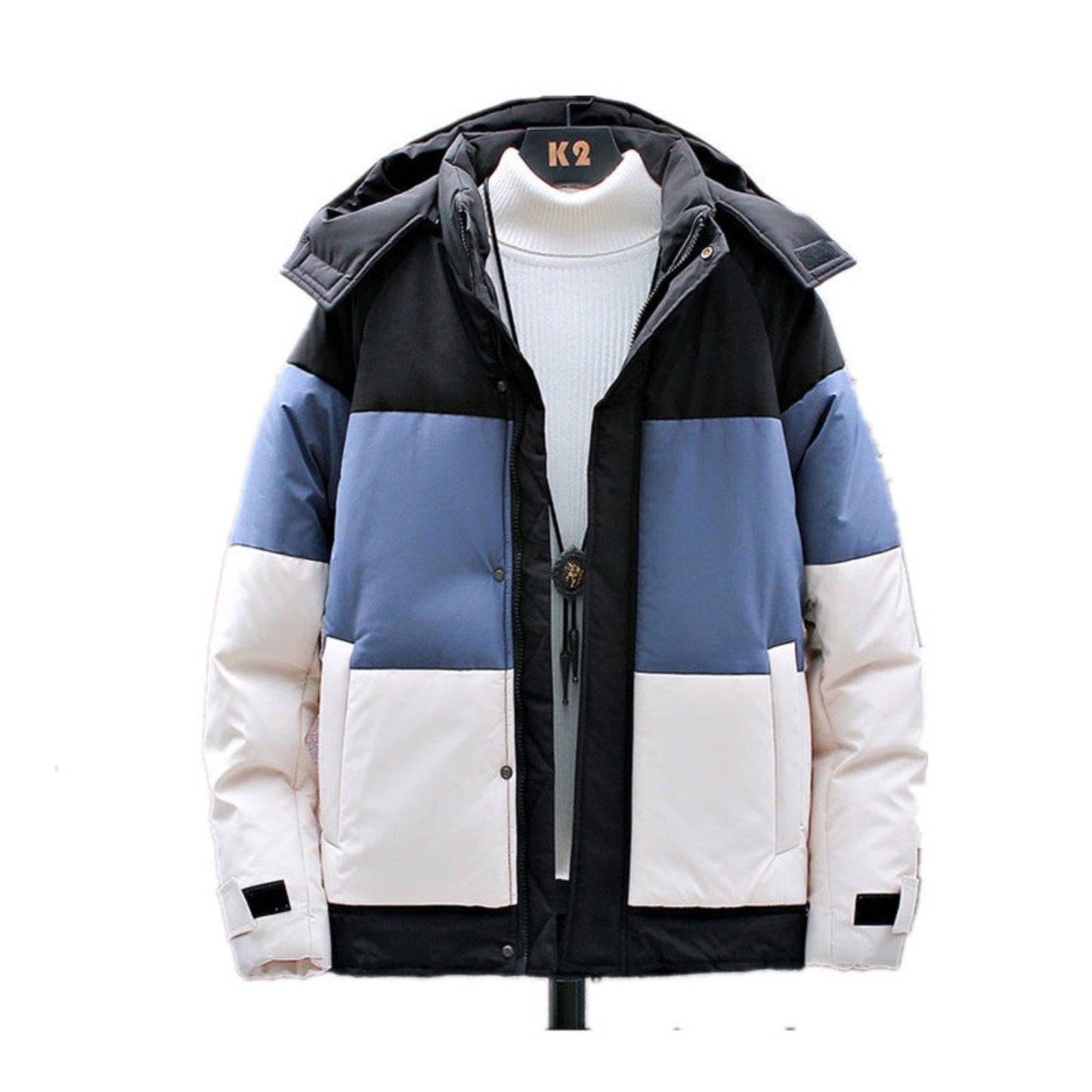 Hooded youth cotton jacket with white duck down in green, blue, and yellow