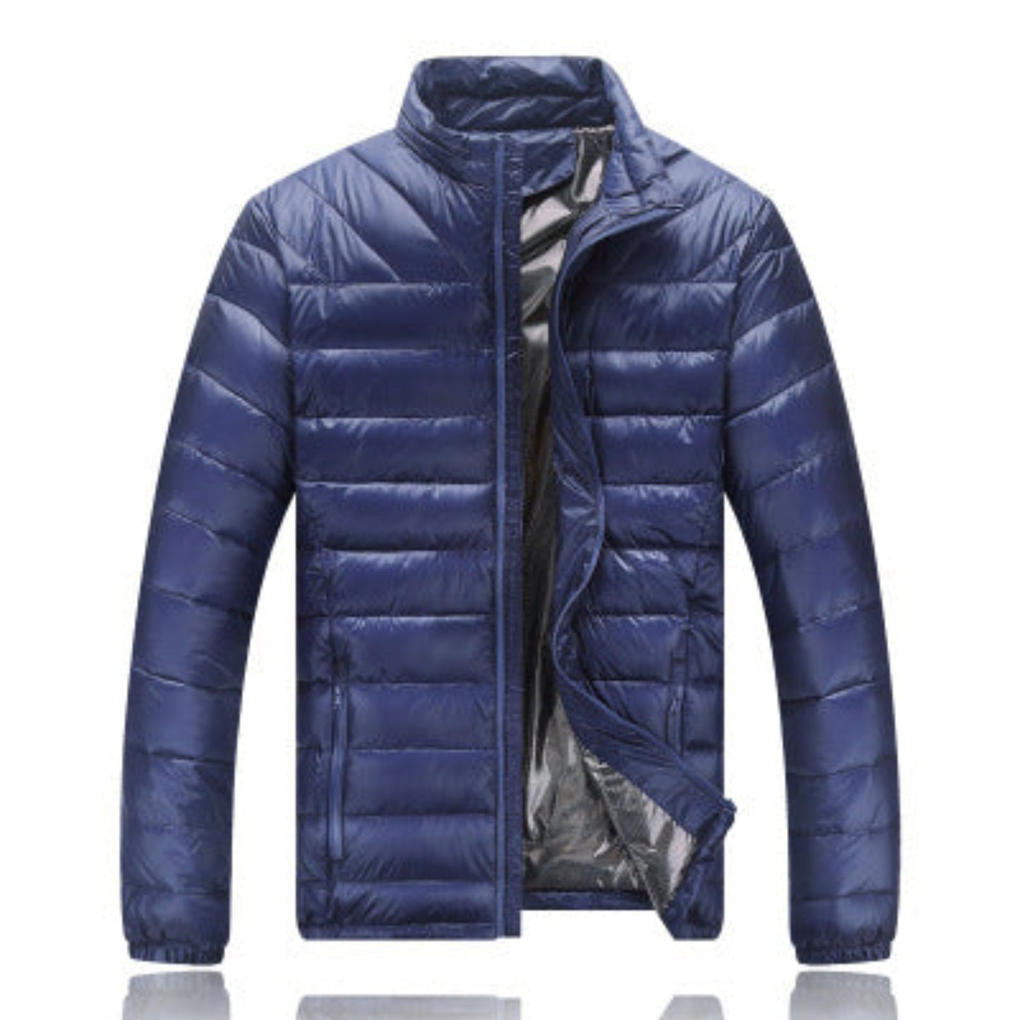 Front view of a navy blue lightweight stand collar down jacket with an open zipper, showing the inner lining.