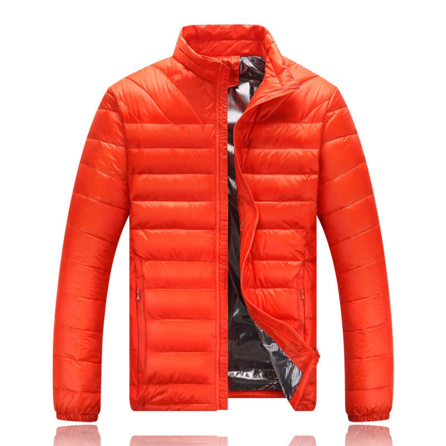 Front view of a lightweight orange puffer jacket with an open zipper showcasing the interior lining.