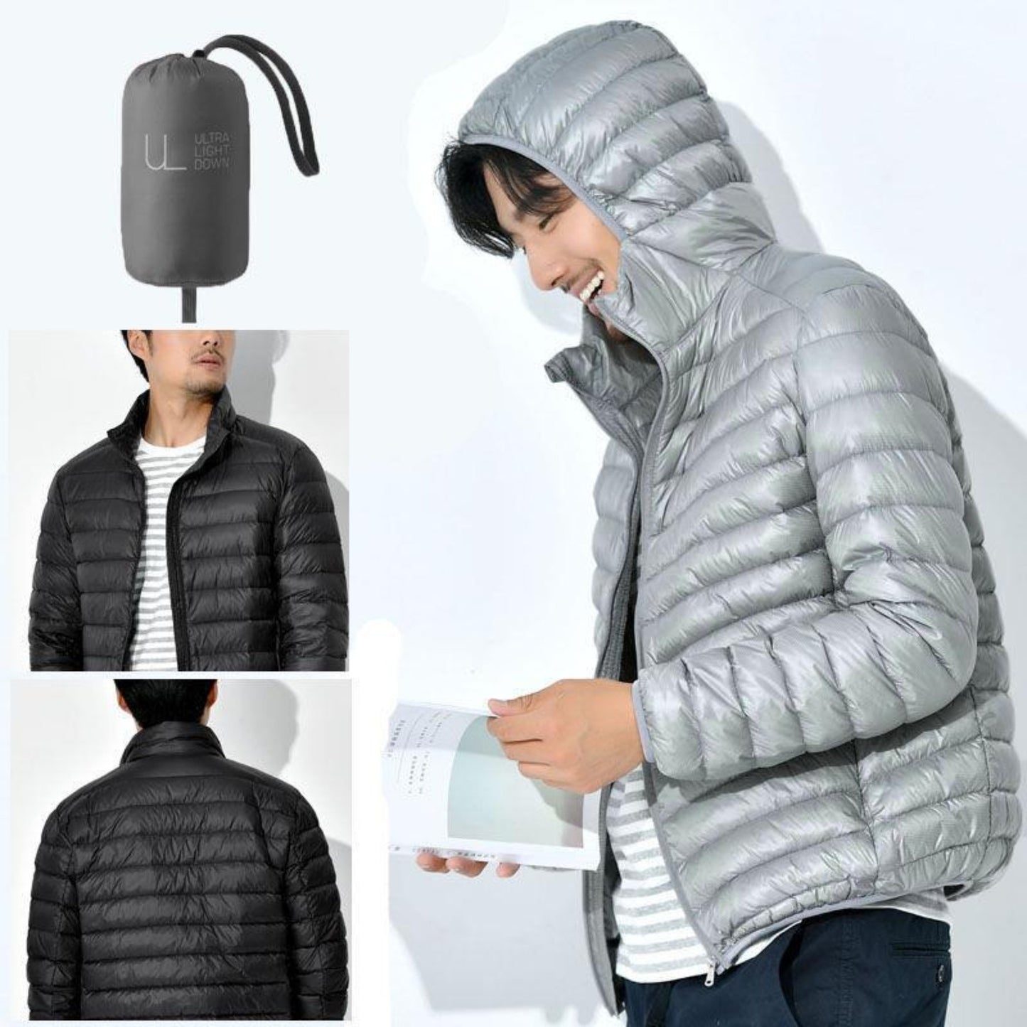 Silver lightweight down jacket displayed with its portable packable pouch.