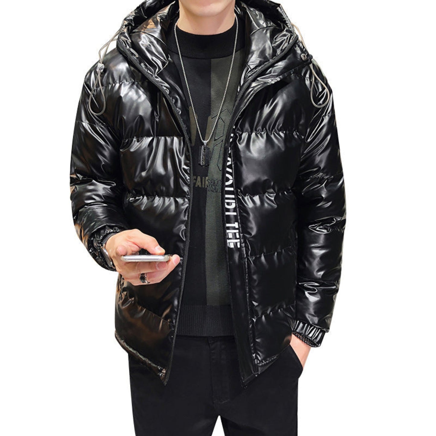 Casual Fashion Reflective Jacket in black color, front view, styled for modern casual wear