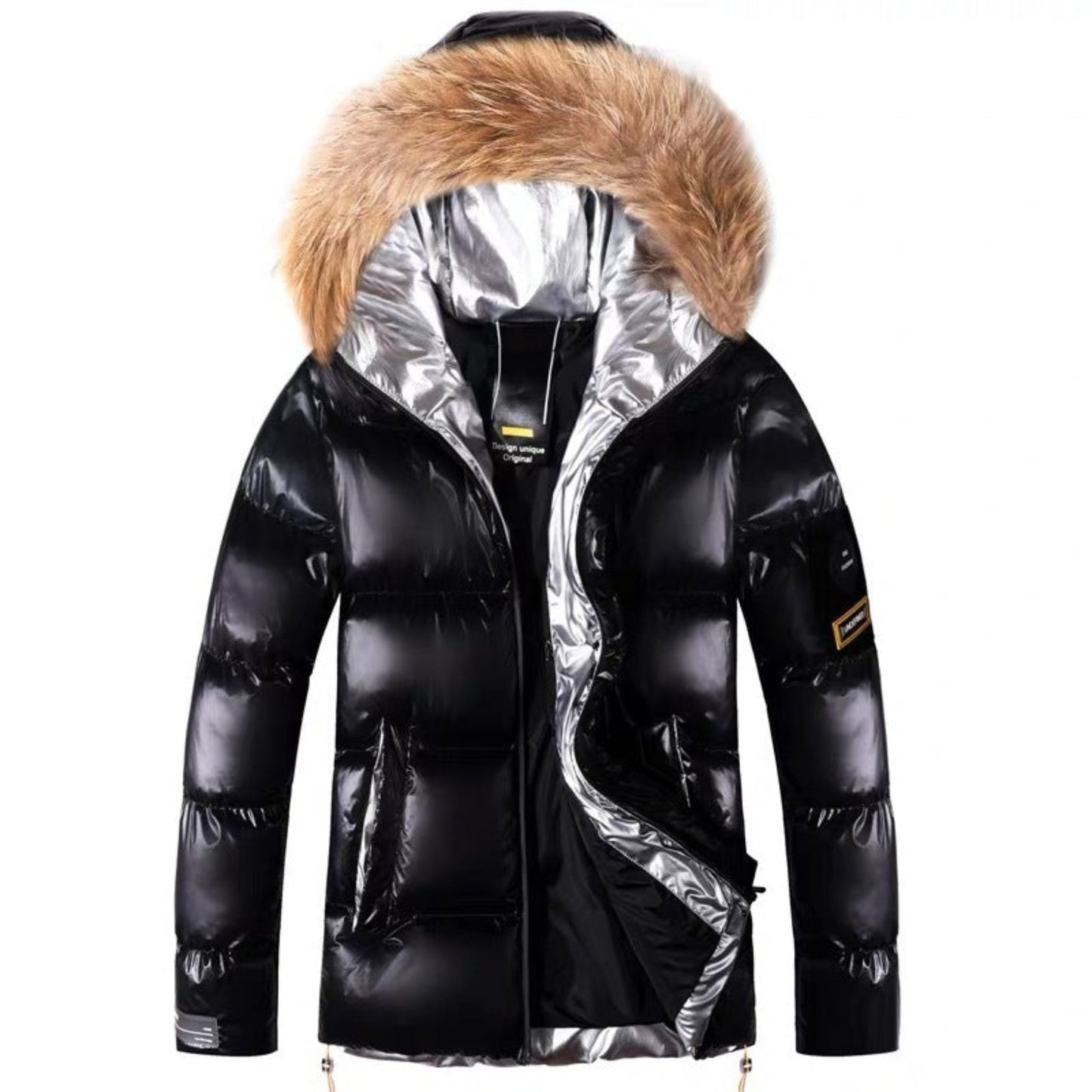 Men's Cotton-Padded Winter Jacket with Fur Collar - Front View in Black