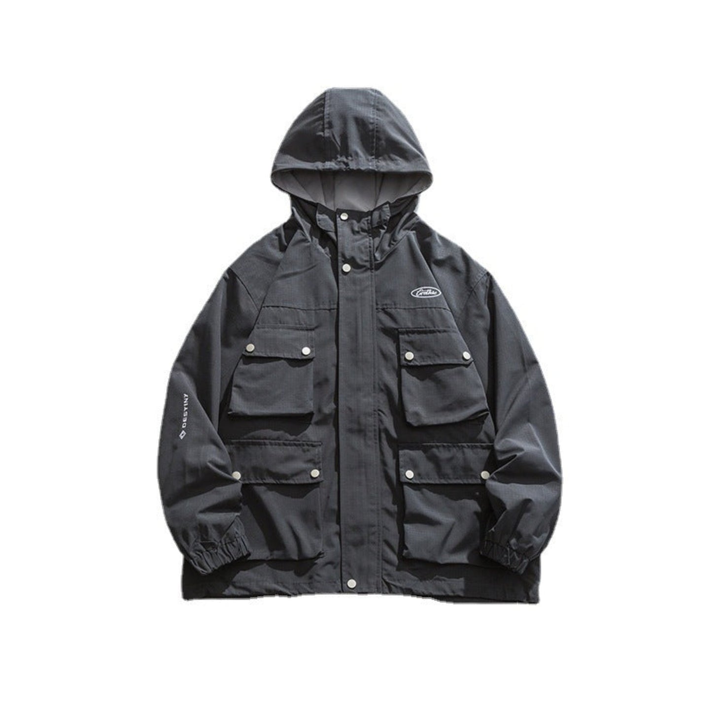 Dark gray Japanese Tooling-Style Hooded Jacket, highlighting its detailed embroidery