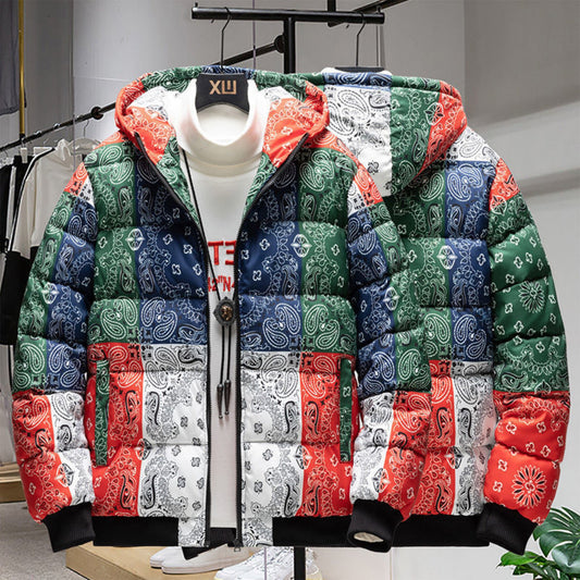 Front view of a colorful camouflage-patterned hooded jacket in red, green, and white tones, displayed on a mannequin.