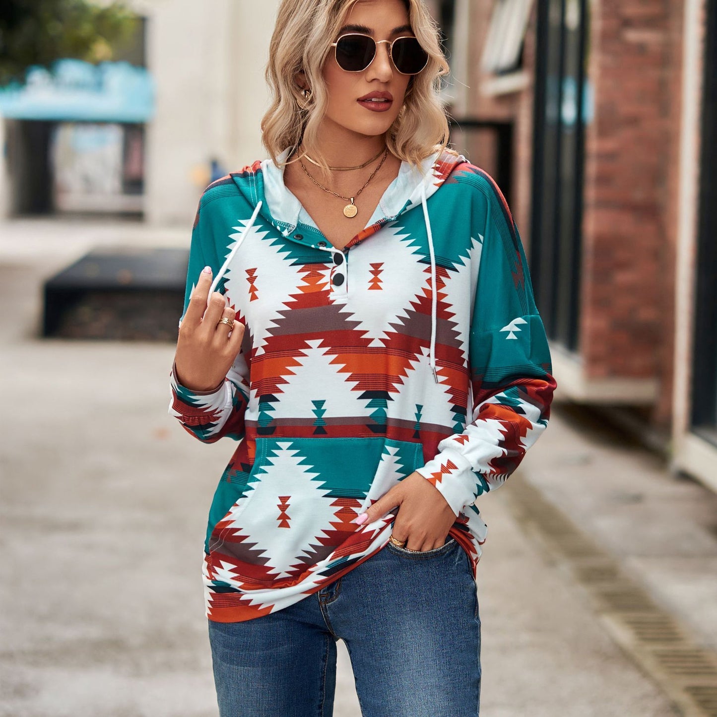 Geometric Pattern Long Sleeve Loose Hooded Button Pocket Sweatshirt