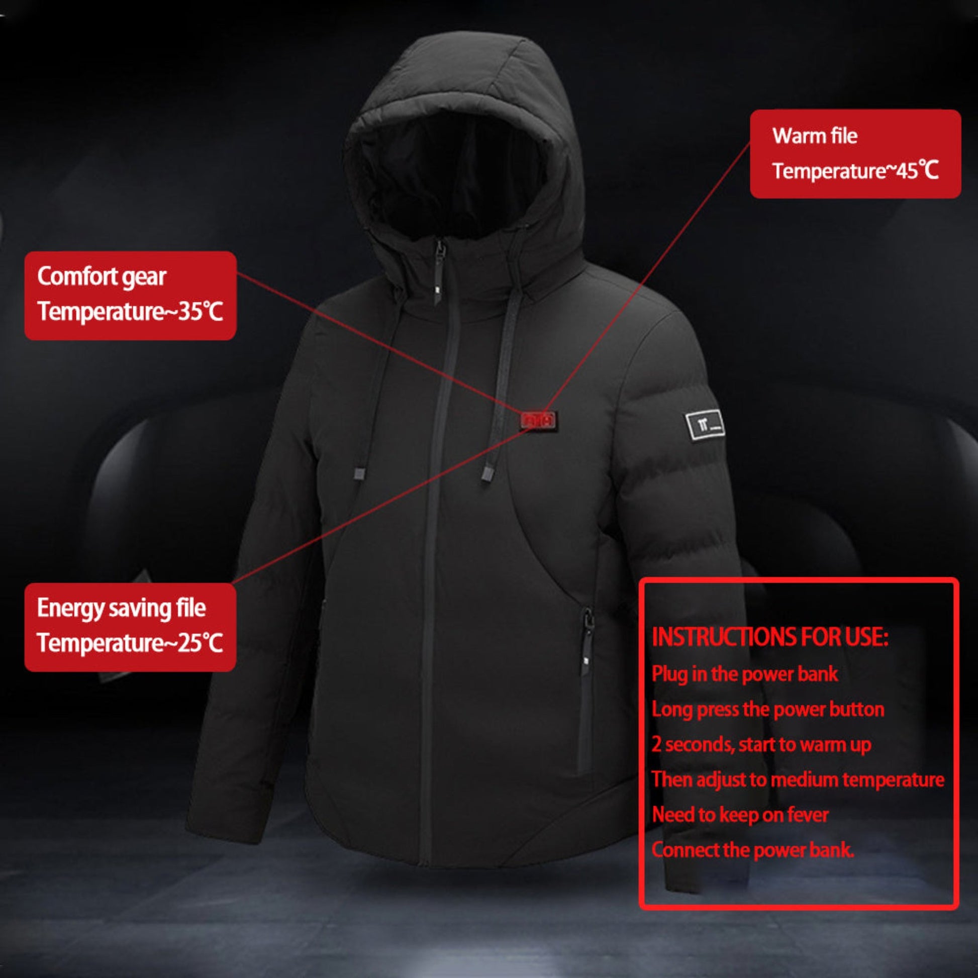 Black heated winter jacket showcasing temperature zones with labeled settings for comfort gear (35°C), warm file (45°C), and energy-saving file (25°C), along with detailed instructions for use.