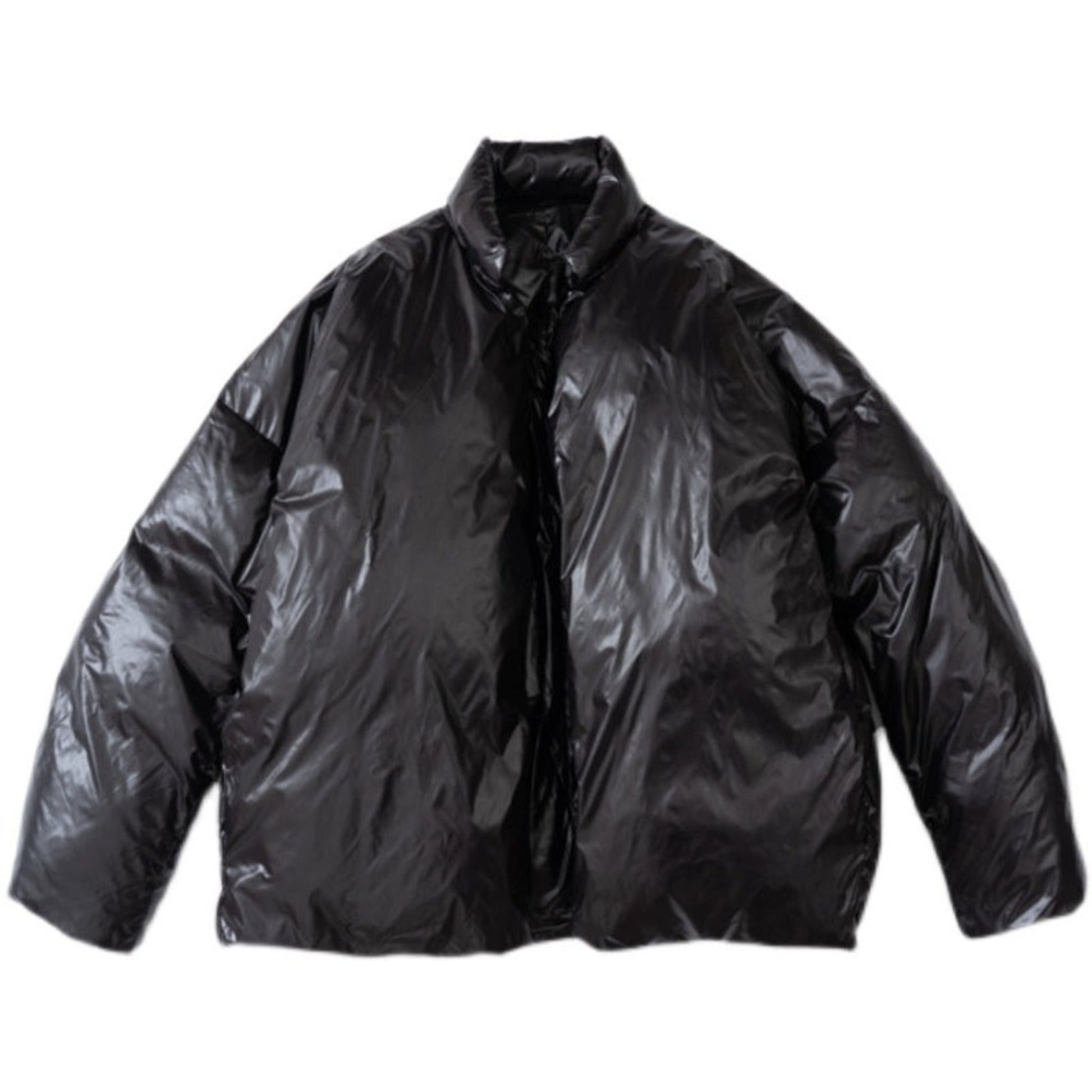 Front view of black thermal cotton jacket showcasing lightweight design.
