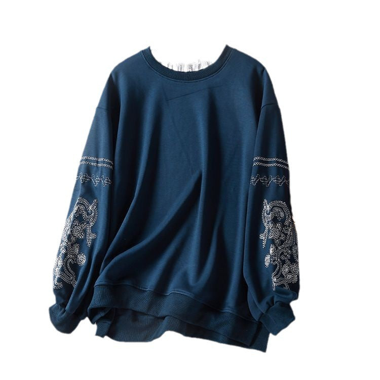 Lace Stitching Embroidered Crew Neck Sweater For Women