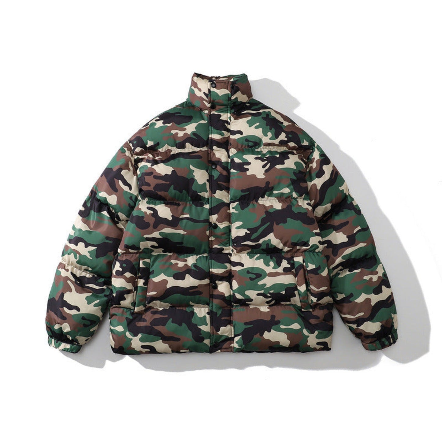 Men's padded winter jacket in green camouflage graphic print - front view