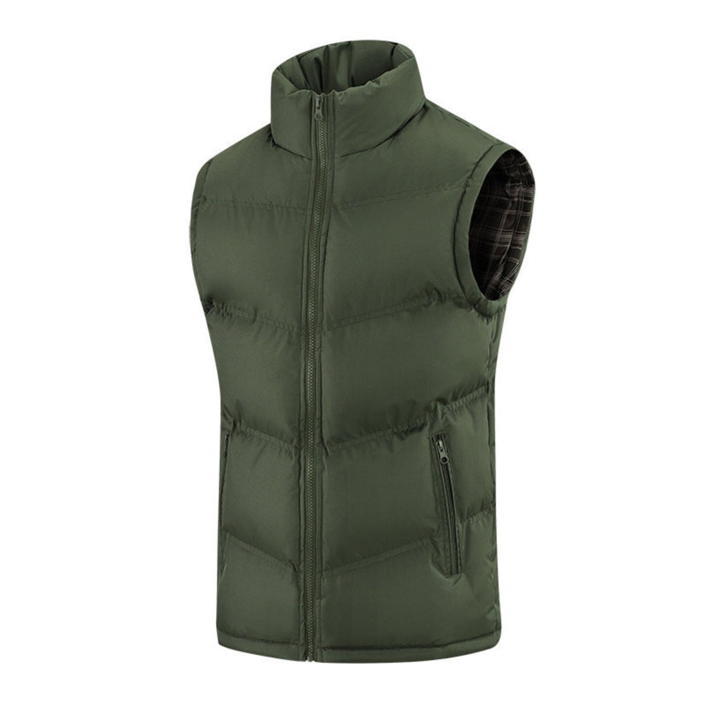 Front view of Iron Gray men’s sleeveless winter vest with stand-up collar and sleek design"