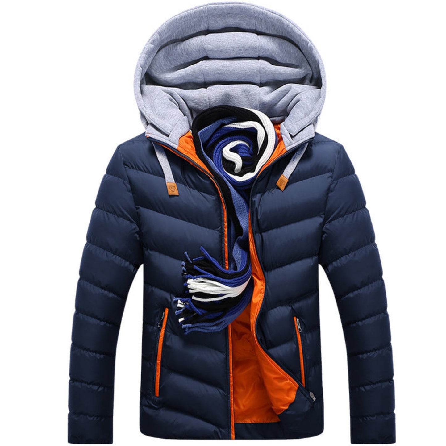 Front view of a navy-blue jacket with an orange lining.