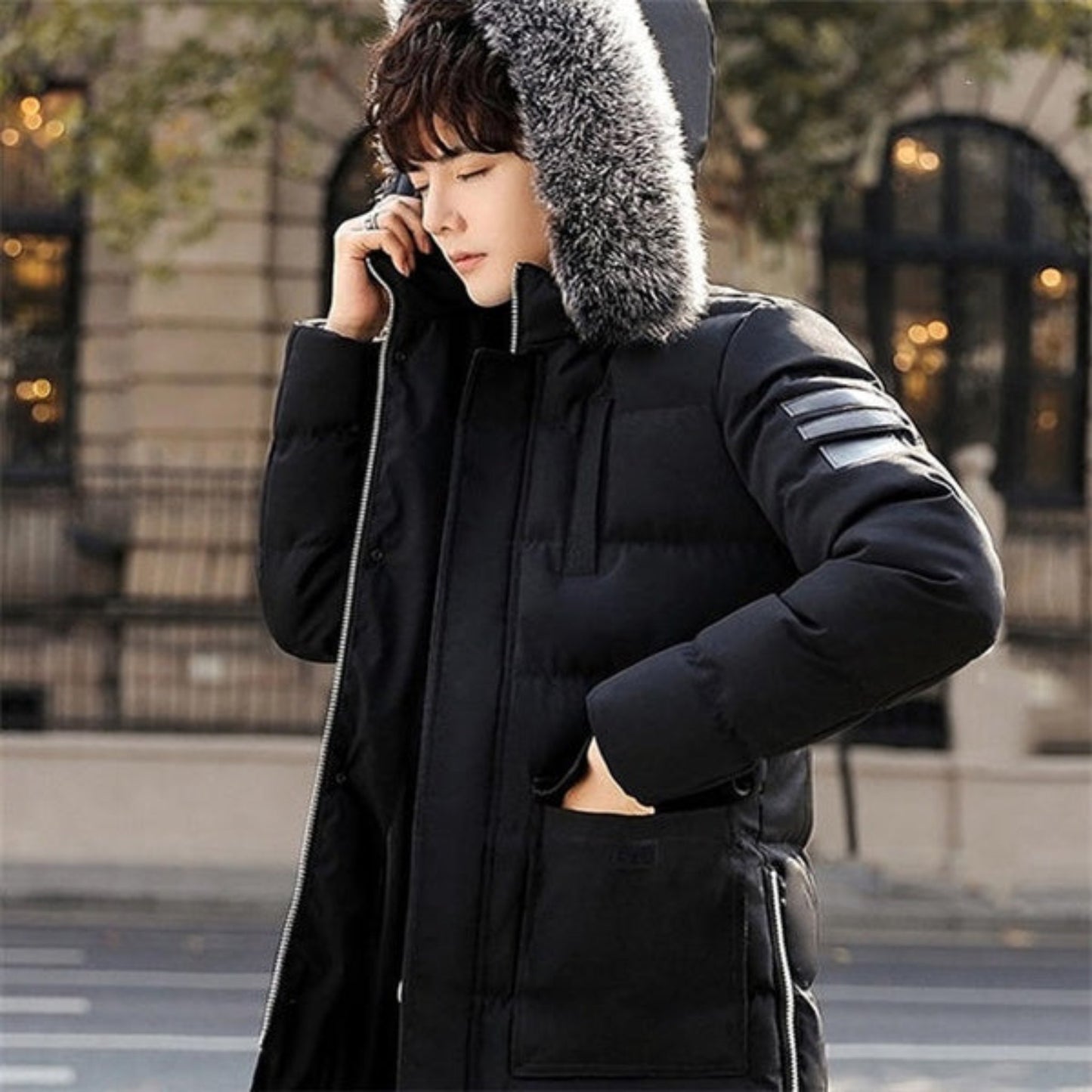 Men's Long Polyester Down Coat - Black