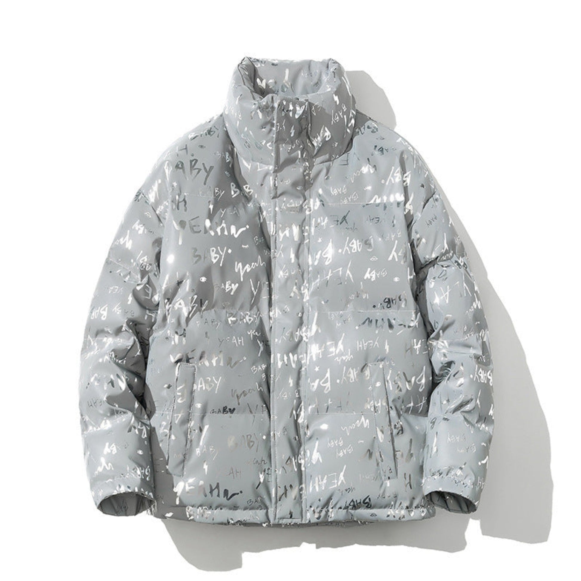 Front view of the silver reflective puffer jacket with letter print design.