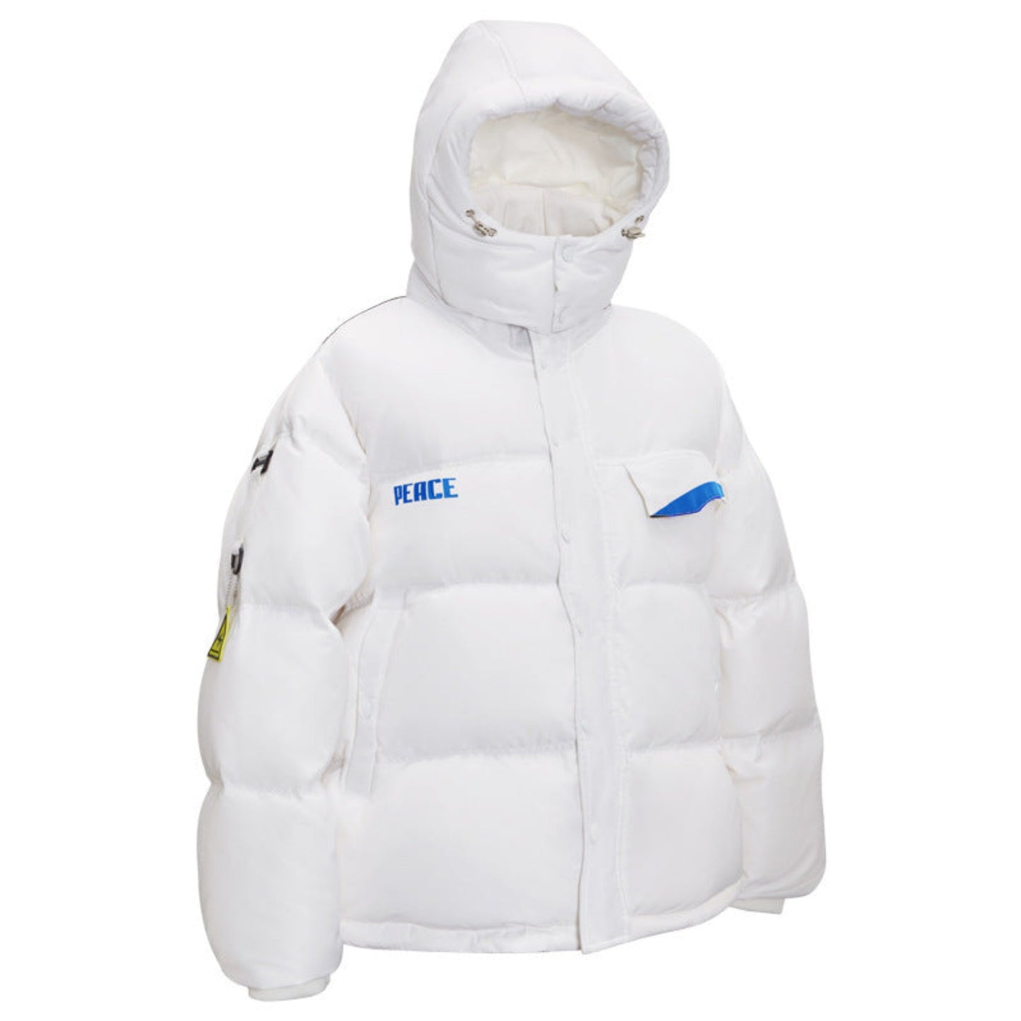 White hooded unisex jacket – Back view showcasing insulated construction