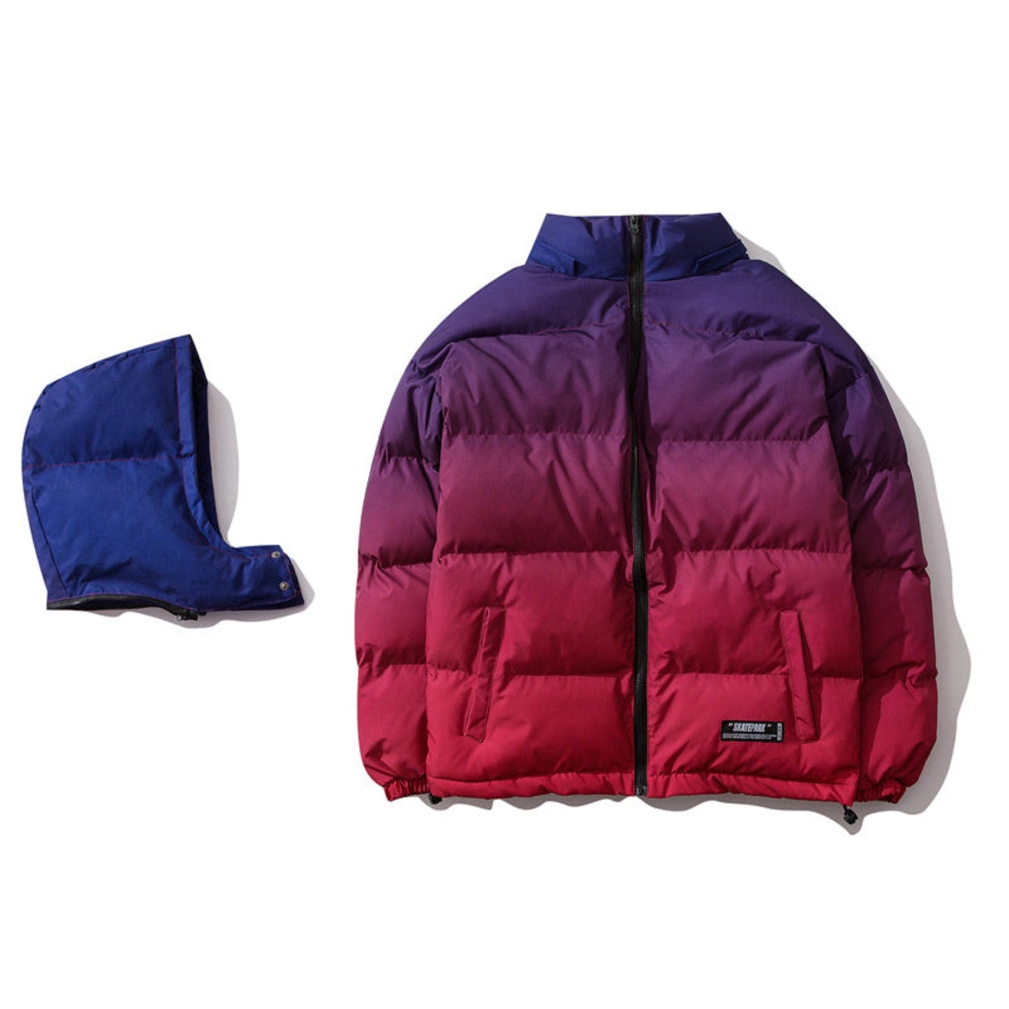 Flat lay of purple to red gradient winter coat with detachable hood displayed separately