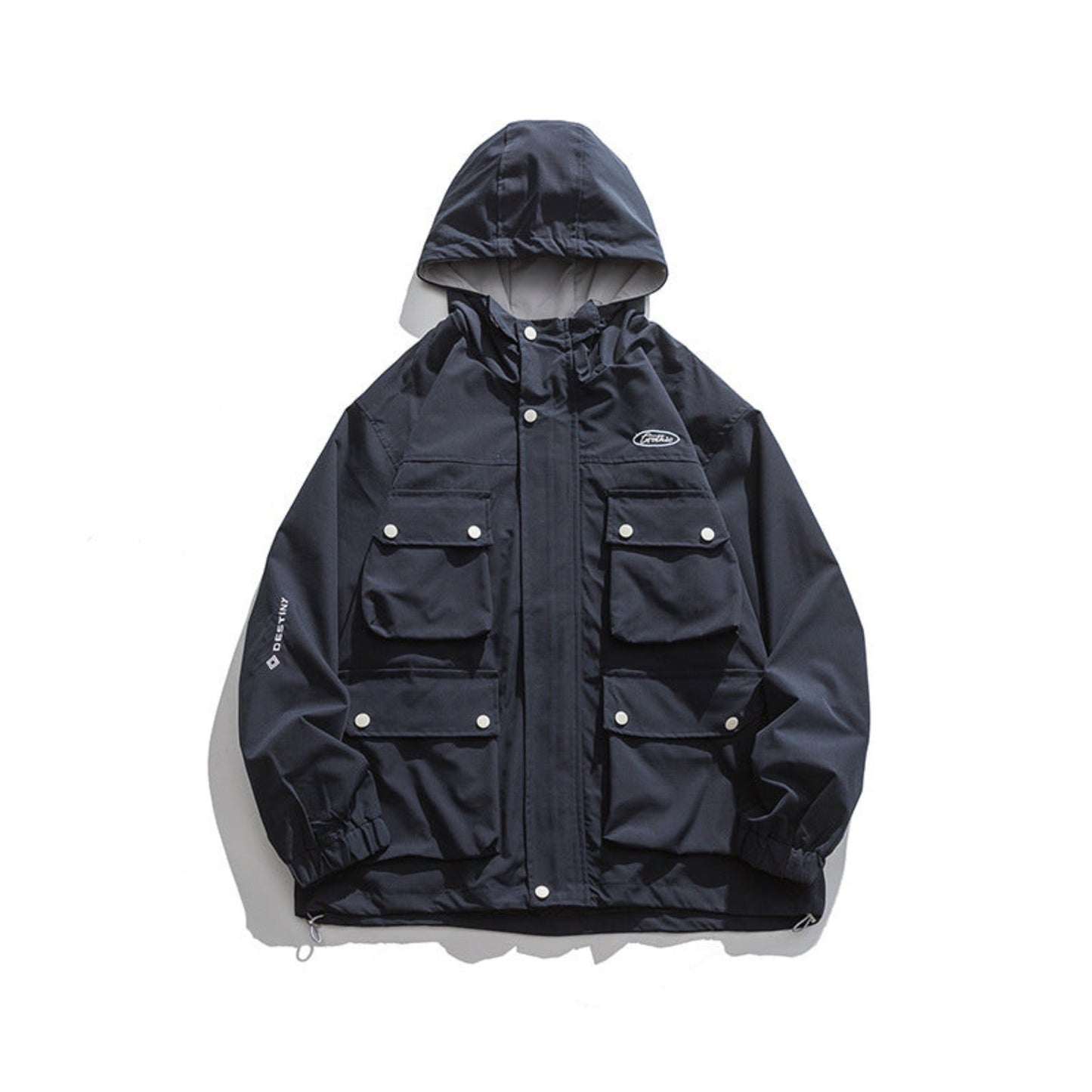 Navy blue Japanese Tooling-Style Hooded Jacket with patch pocket embroidery, front view