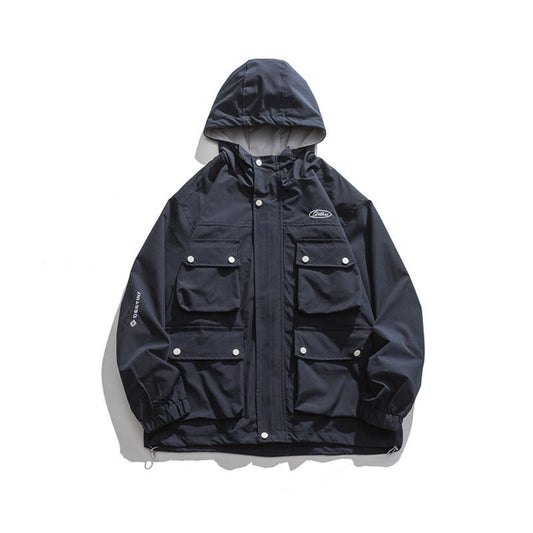 Navy blue Japanese Tooling-Style Hooded Jacket with patch pocket embroidery, front view