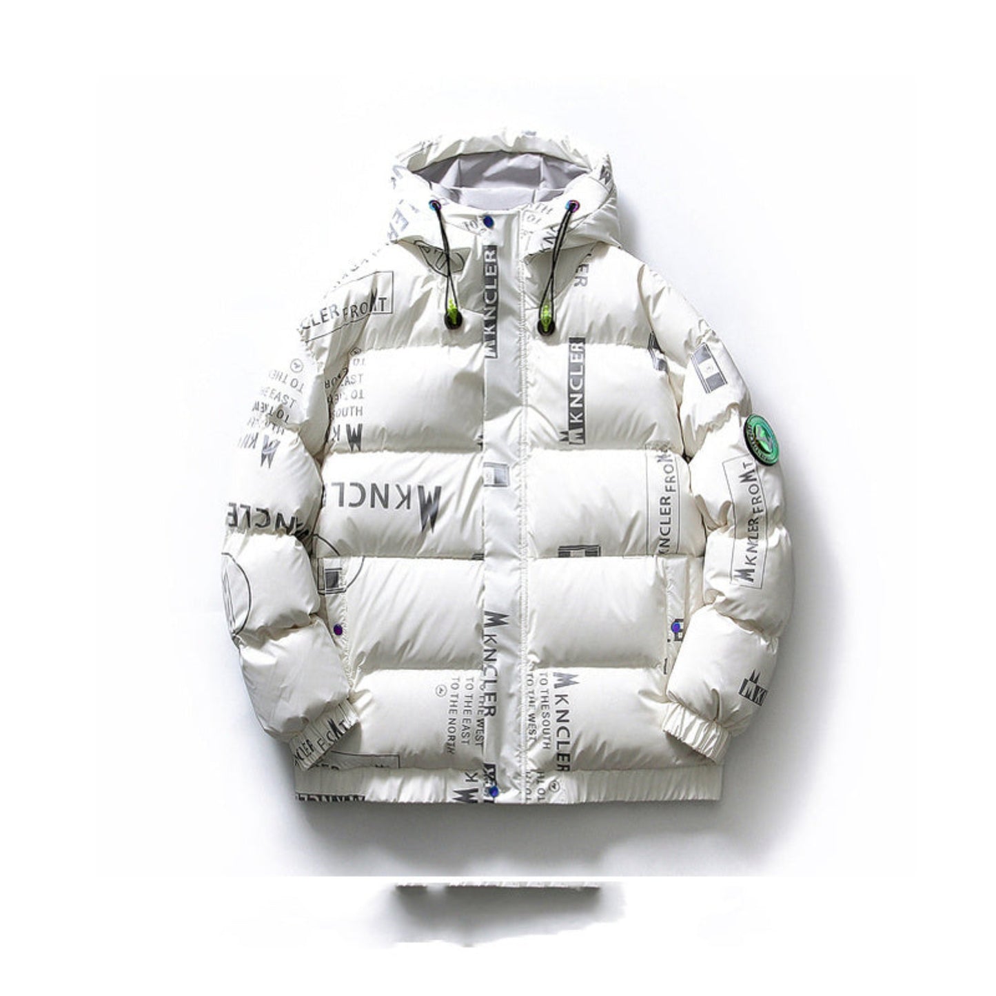 Front view of white unisex duck down jacket with stand collar