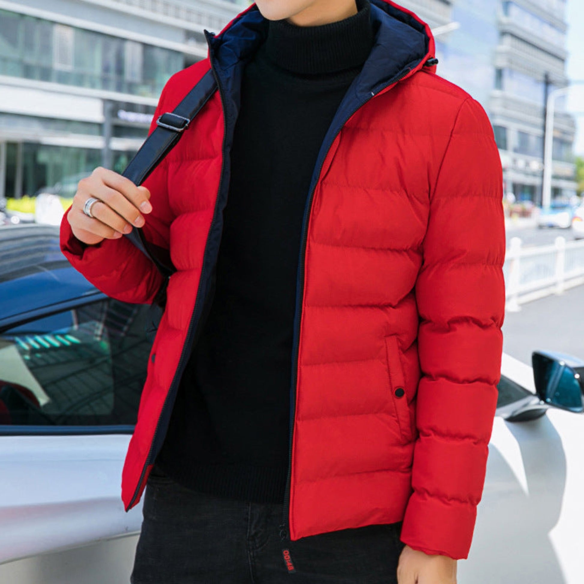 Front view of casual cotton jacket in red 