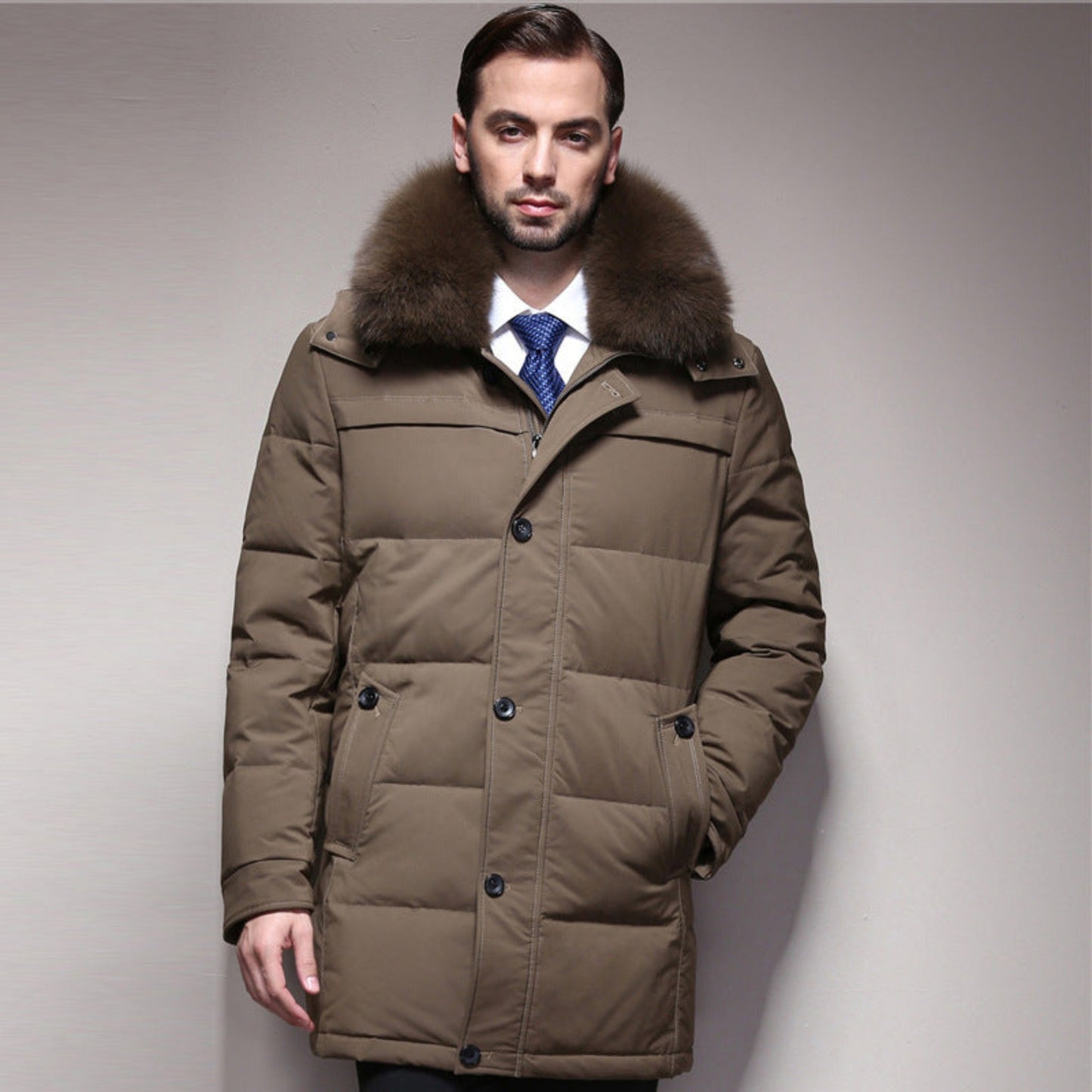 Men's Classic Winter Down Jacket - Khaki Color Front View with Hooded Fur Collar