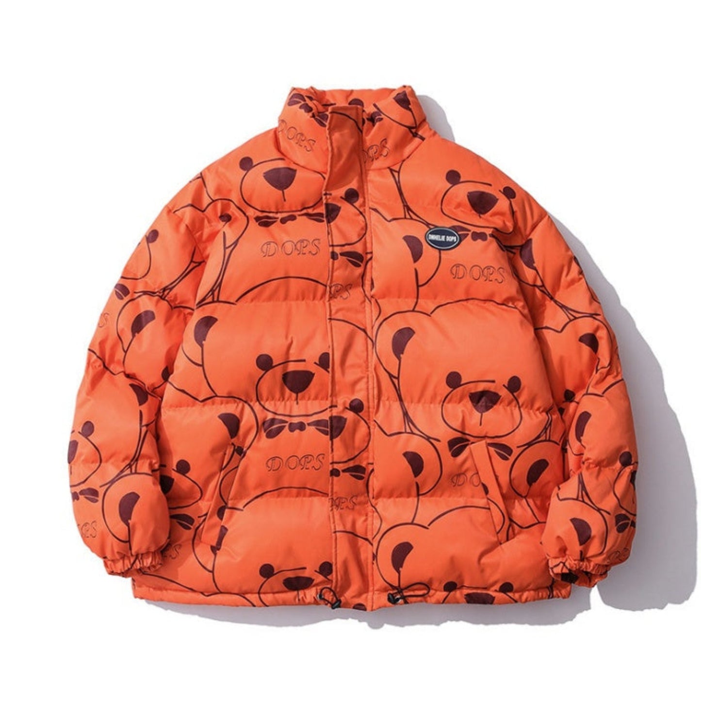 Orange Bear Pattern Puffer Jacket - Vibrant Front View with Playful Design