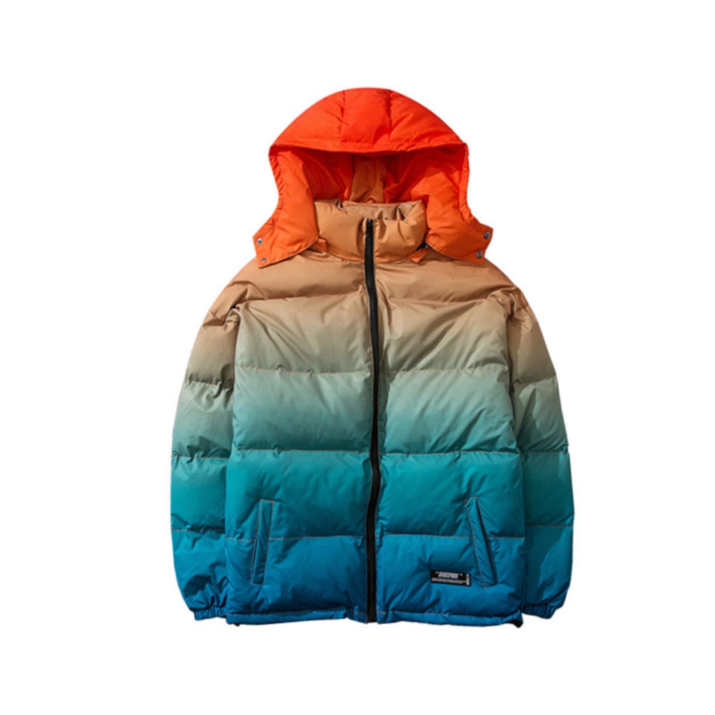 Front view of orange to blue gradient hooded winter coat with attached hood, displayed prominently