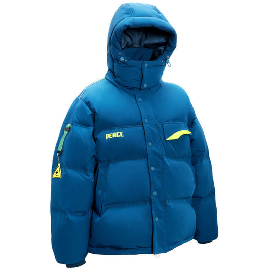 Blue unisex hooded winter jacket with bold yellow accents – Front view