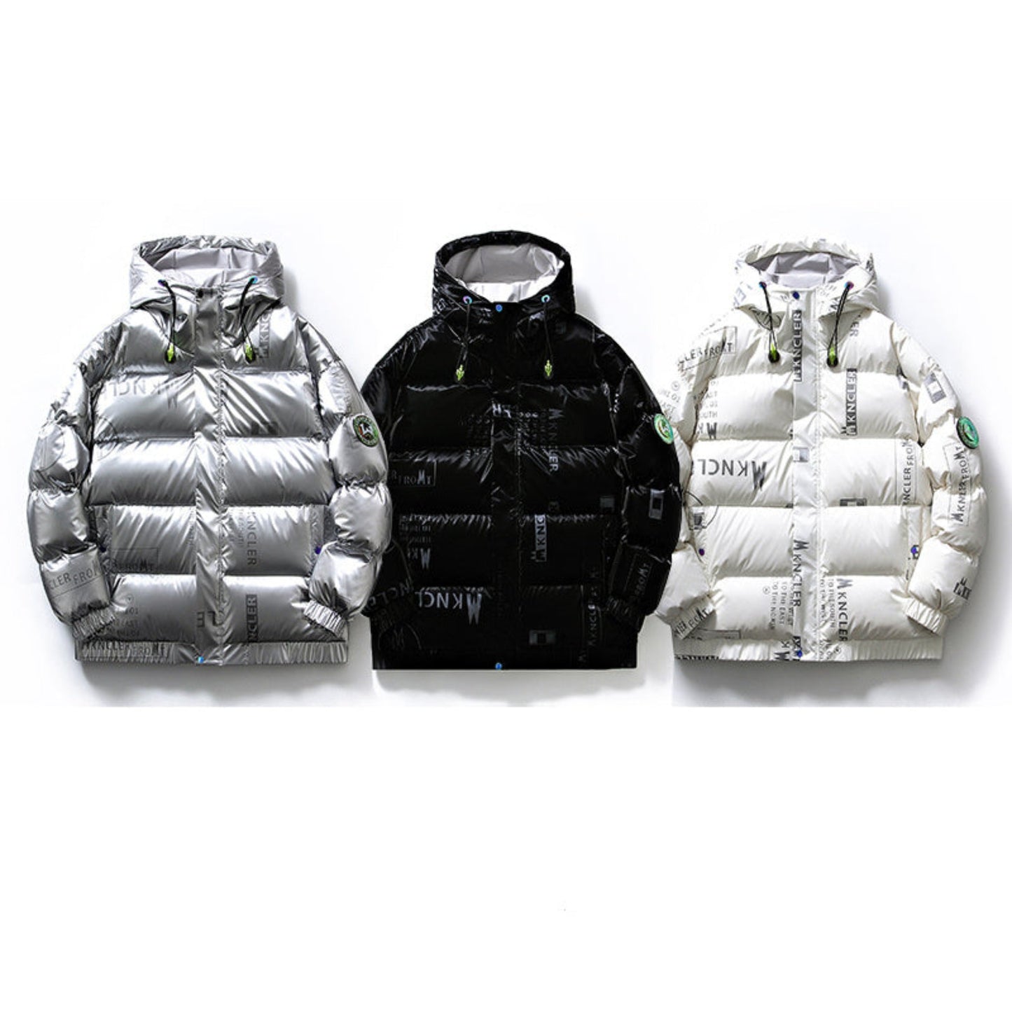 Front view of silver, black, and white unisex duck down jackets side by side