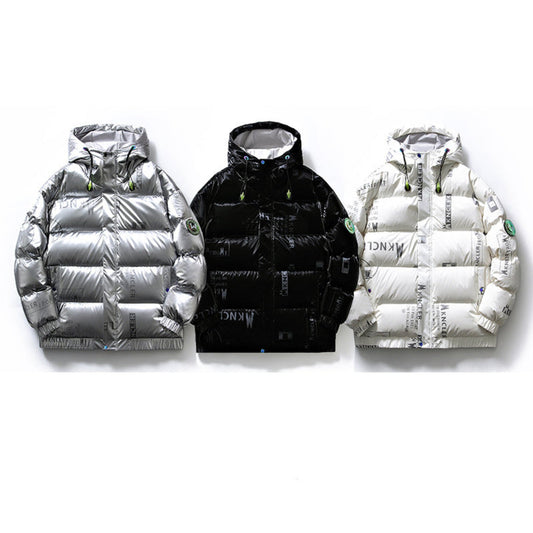 Front view of silver, black, and white unisex duck down jackets side by side