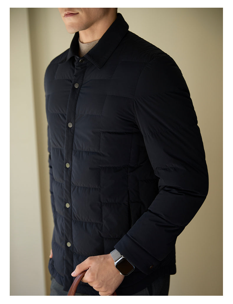 Men's Black Padded Jacket - Side Profile with Bag