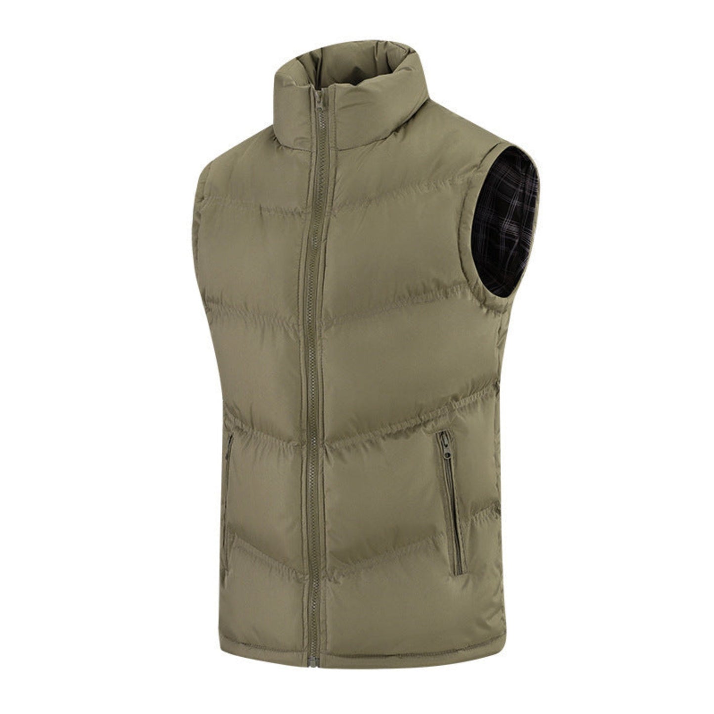 Front view of Khaki men’s sleeveless winter vest with a stand-up collar and functional pockets