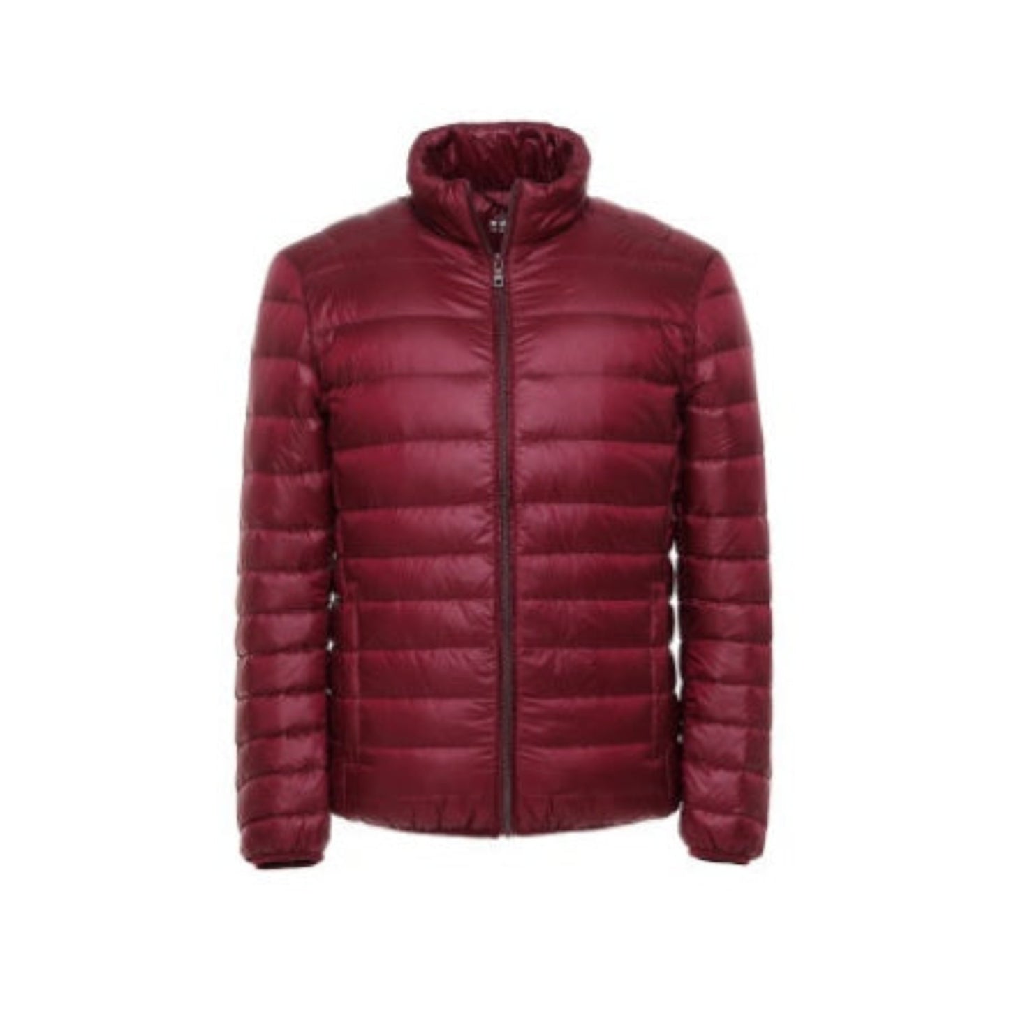 Front view of a lightweight burgundy puffer jacket with a high collar.