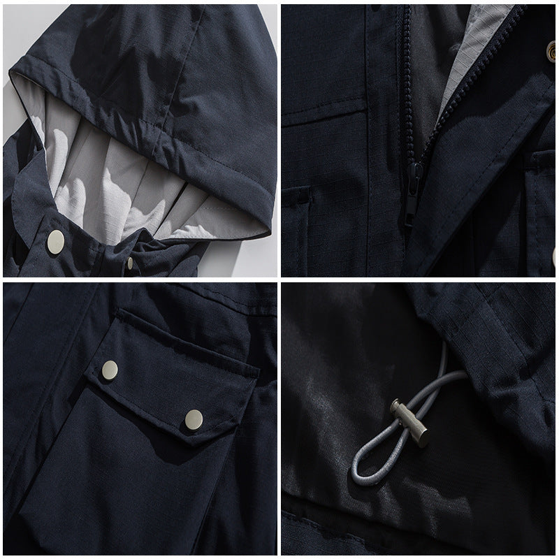 Japanese Tooling-Style Hooded Jacket with Patch Pocket Embroidery – Modern & Functional