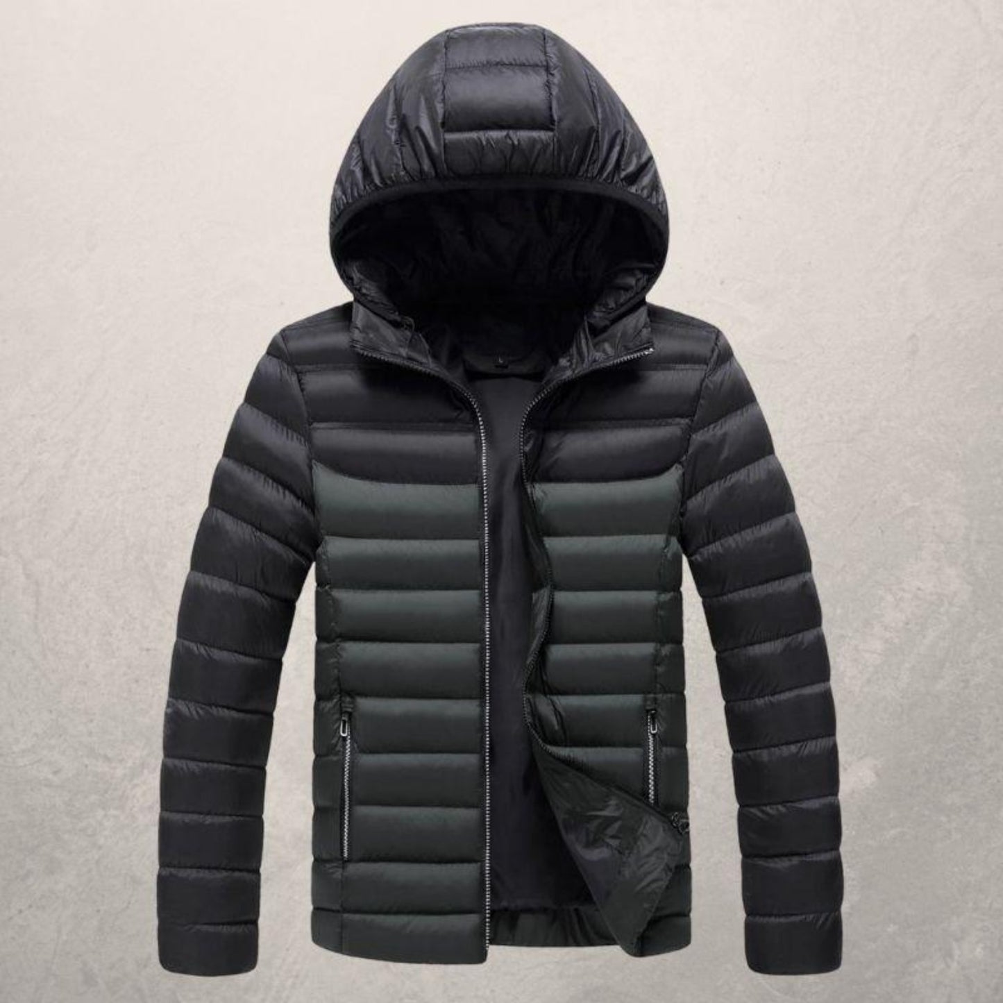 Black hooded winter jacket with a sleek padded design and closed front.