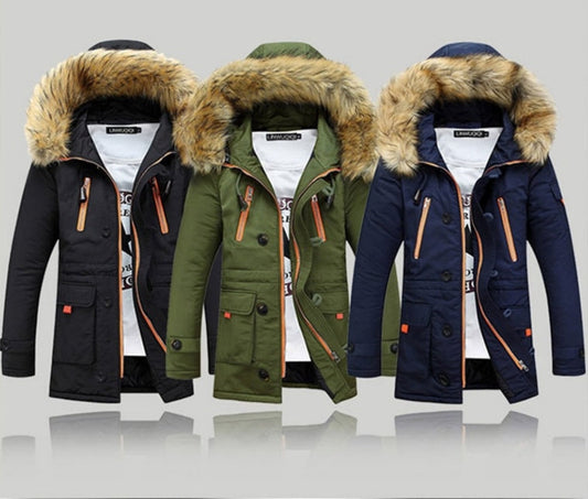 Black, green, and navy blue fur-collar winter coats for men and women in a stylish display.