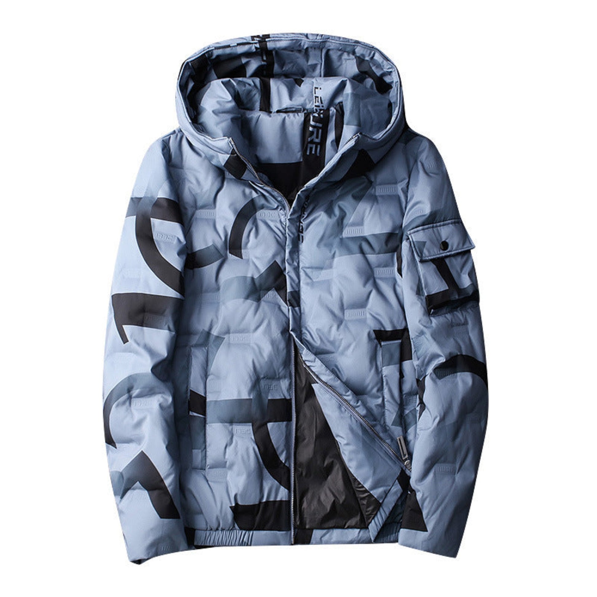 Blue abstract pattern hooded down jacket with inner lining, stylish winter design