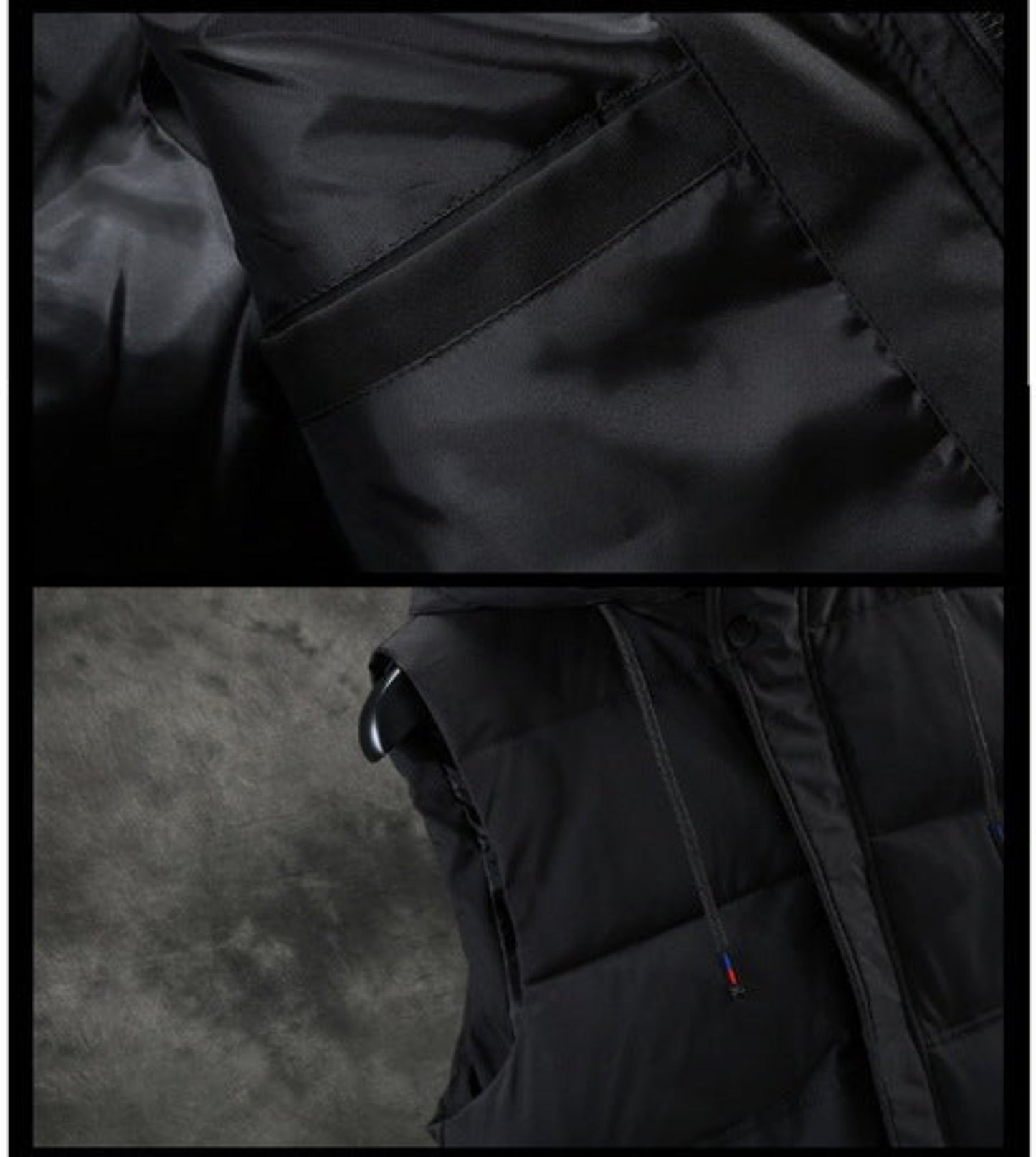 Close-up of side zipper pocket on black men’s hooded down vest, showcasing storage functionality