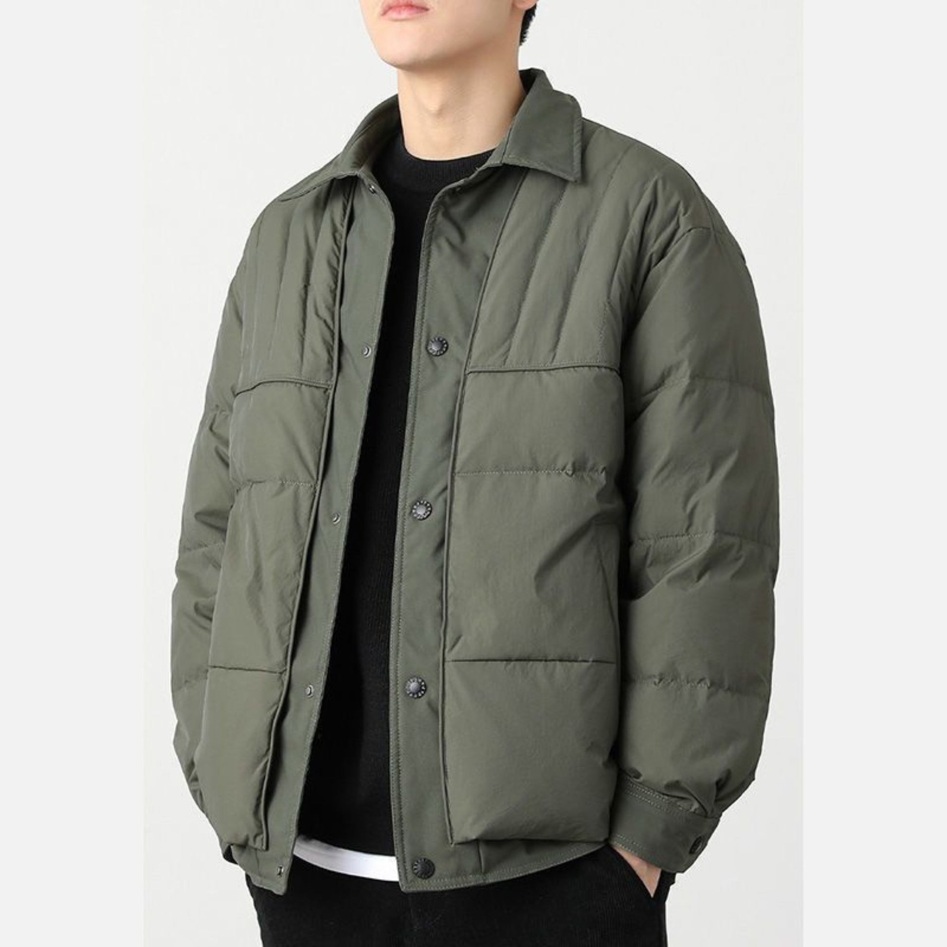 Men's Army green quilted jacket, front view with open buttons and black inner layer.