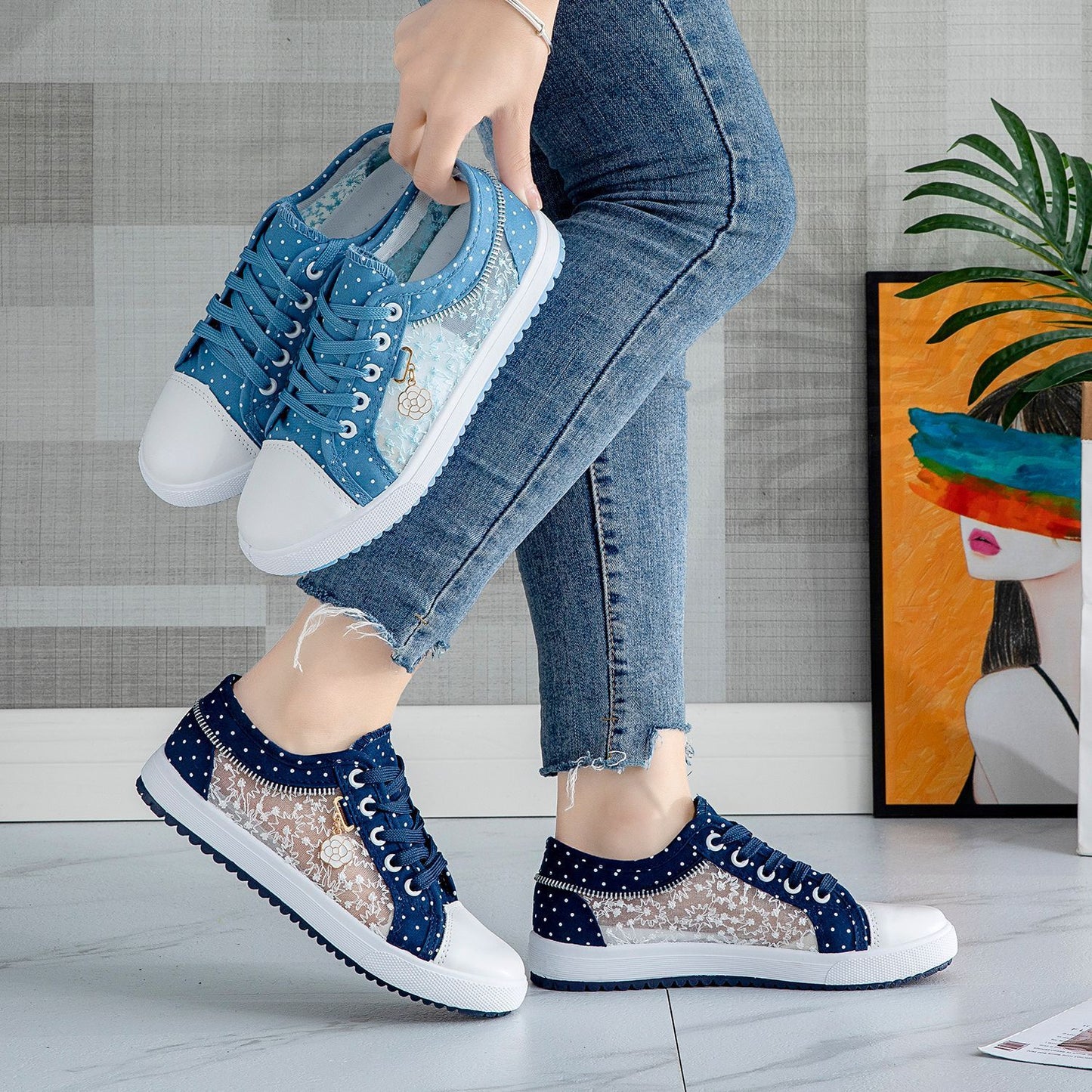 Women's Hollow Denim Mesh Flat Casual Shoes