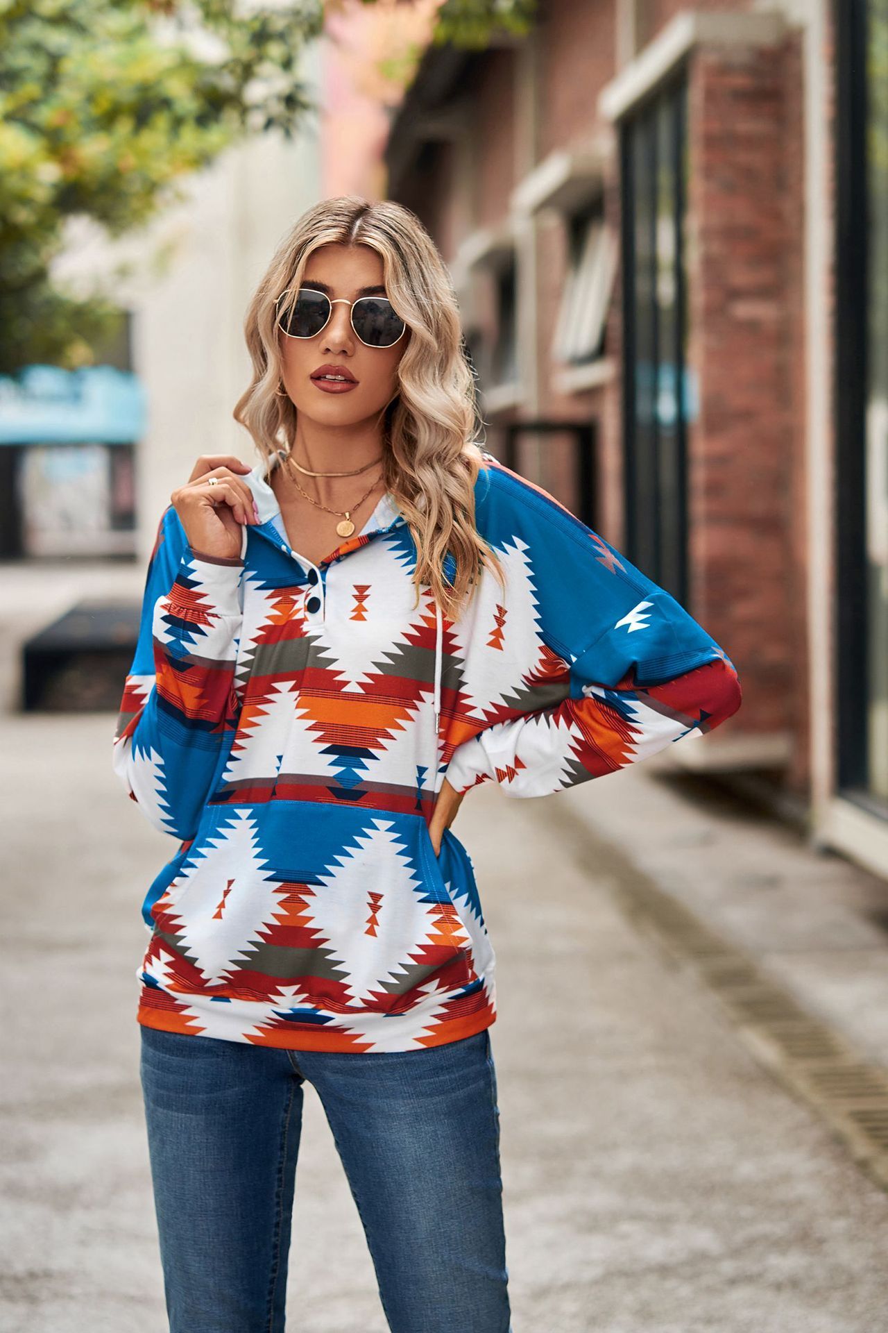 Geometric Pattern Long Sleeve Loose Hooded Button Pocket Sweatshirt