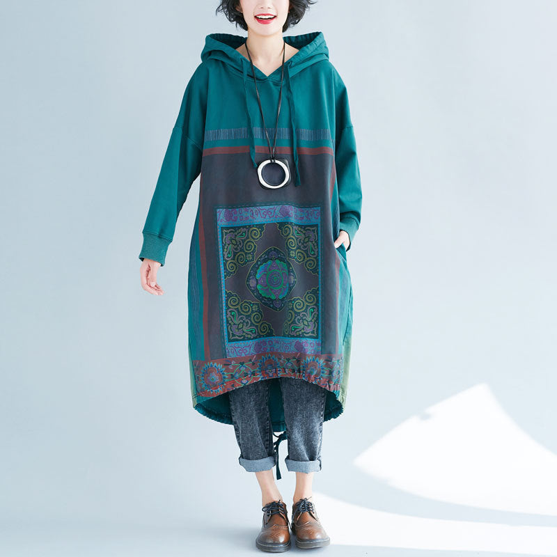 Hooded Sweater Loose Printed Long Dress Gradient Color