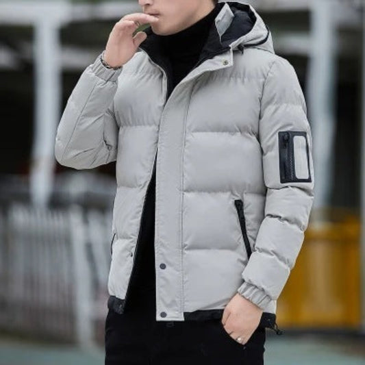 Front view of men's casual padded down jacket in light grey with stand-up collar.