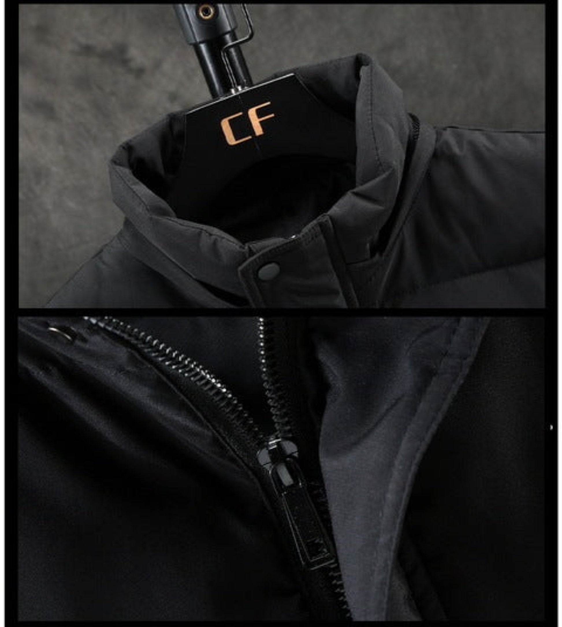 Close-up of collar and hood attachment on black men’s down vest with durable stitching