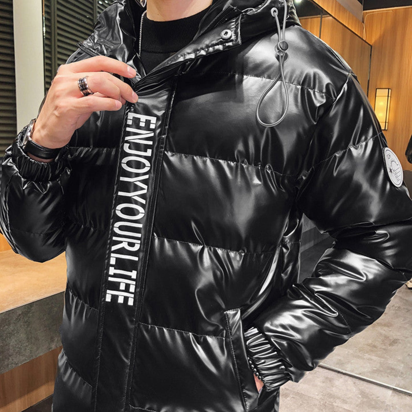 Side view of Casual Fashion Reflective Jacket in black, highlighting reflective detailing